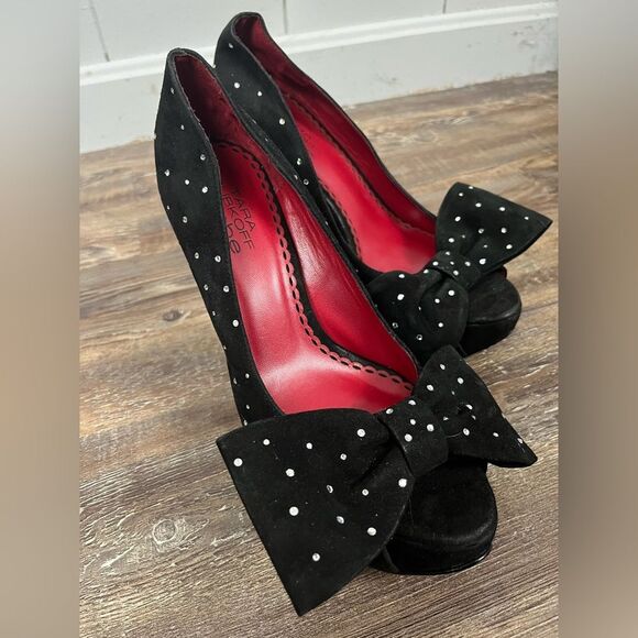 TARA SUBKOFF x BEBE Collab Swarovski Crystal & Bow Platform Peep Toe Stilettos - Picture 3 of 11